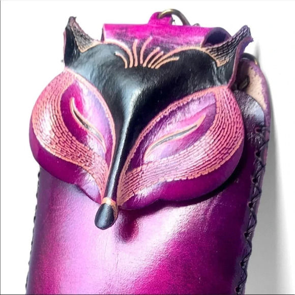 Handmade Genuine Leather Fox Crossbody Phone Bag | Purple Wristlet - Picture 4 of 7